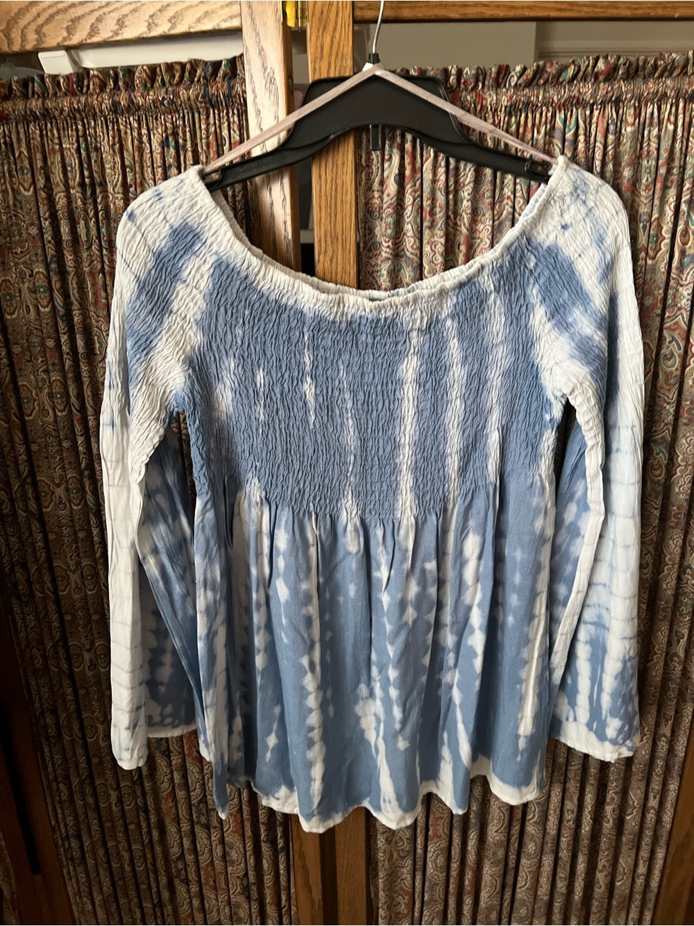 Style Envy Blue and White Tie-Dye Smocked Yoke Tunic